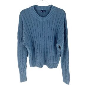 Gap Sweater Womens XL Tall Blue Cable Knit Cropped Crewneck Pullover Cotton NEW